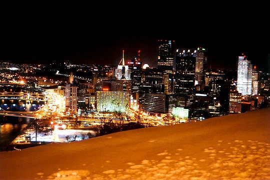 Night Scene of Pittsburgh Behind a Snowy Bluff Picture