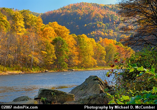 Rocks, River, Peninsula, and Chestnut Ridge in Fall Color Picture
